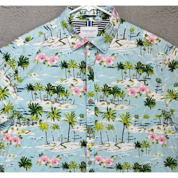 Denim Flower Ricky Singh Shirt Adult Large Blue Floral Tropical Hawaiian Mens